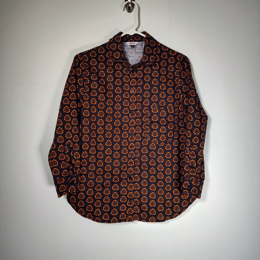 THE KIT Women Small Orange Black Floral Geometric Cotton Button Down Shirt Top